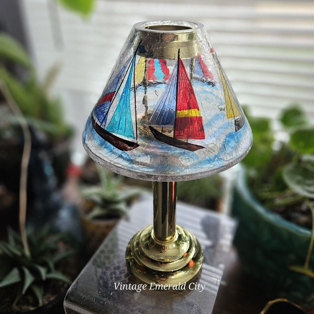 Vtg Yankee Candle Crackle Glass Hand-painted Sailboats Gold Votive Candle Lamp